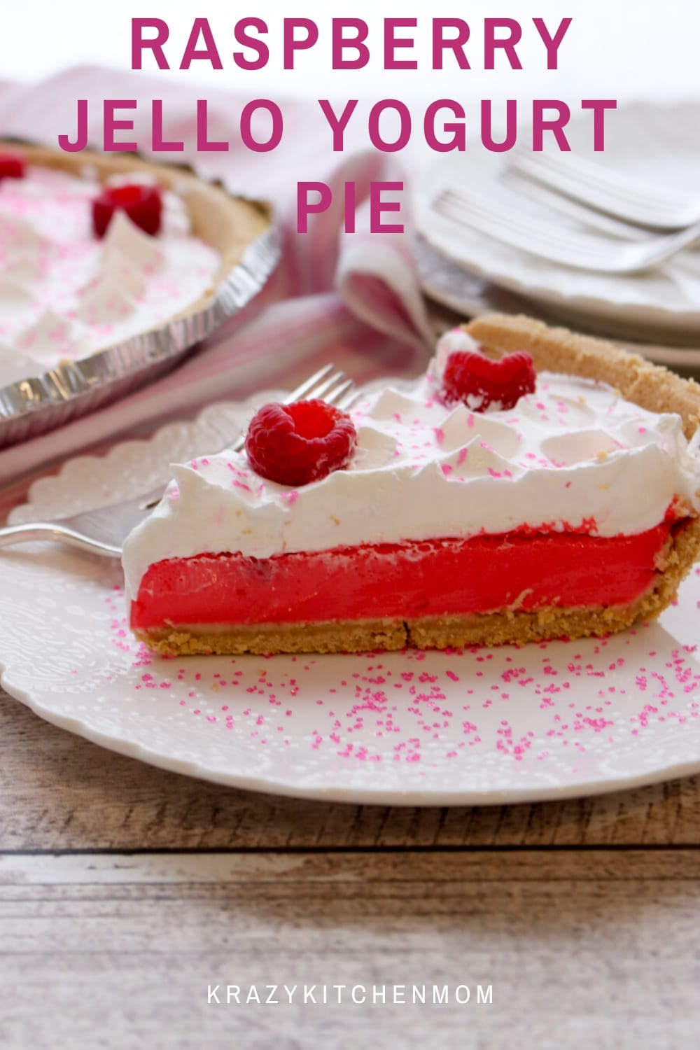 Raspberry Jello Yogurt Pie is the easiest pie you will ever make. Jello, water, and Greek yogurt are all you need to make the creamy smooth thick filling.  via @krazykitchenmom