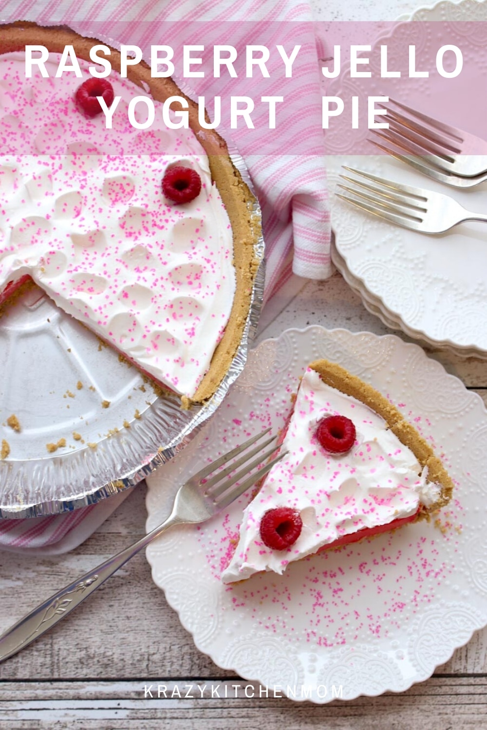 Raspberry Jello Yogurt Pie is the easiest pie you will ever make. Jello, water, and Greek yogurt are all you need to make the creamy smooth thick filling.  via @krazykitchenmom