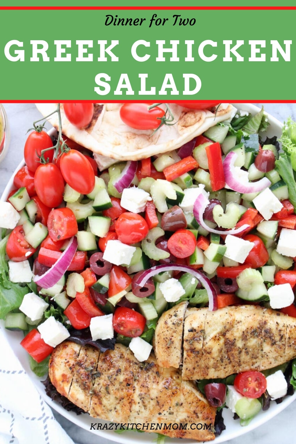 Greek Chicken Salad is made with leafy lettuce, feta cheese, olives, cucumbers, tomatoes, onion, bell peppers, and celery. It's topped with Greek seasoned grilled chicken and drizzled with Greek dressing. via @krazykitchenmom