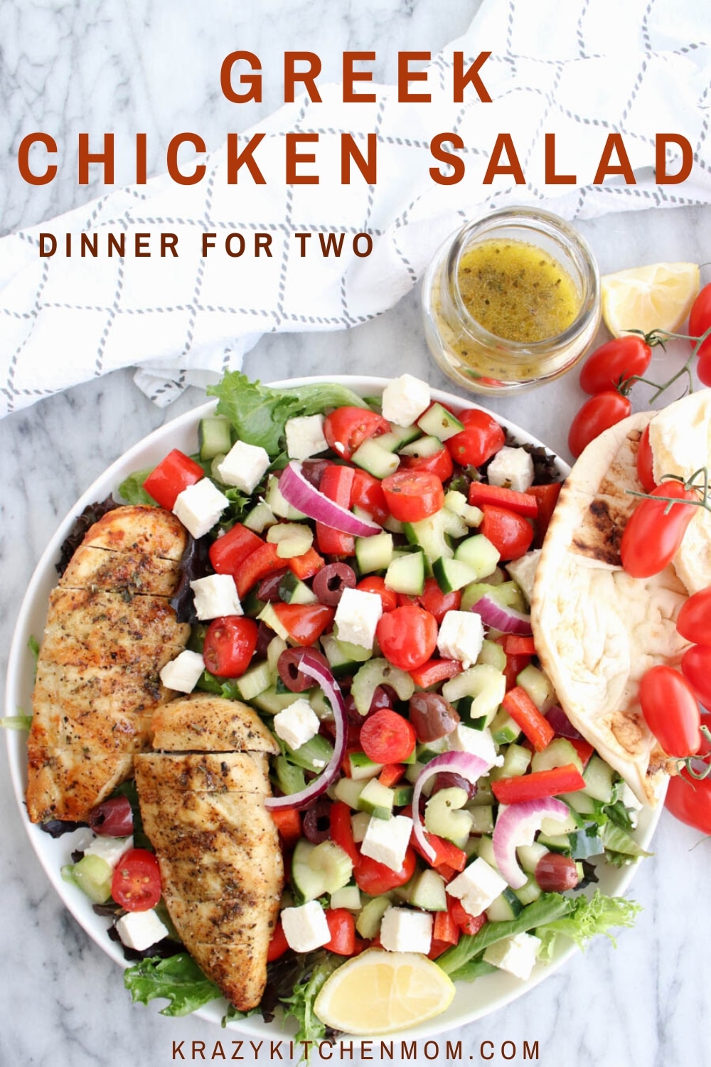 Greek Chicken Salad is made with leafy lettuce, feta cheese, olives, cucumbers, tomatoes, onion, bell peppers, and celery. It's topped with Greek seasoned grilled chicken and drizzled with Greek dressing. via @krazykitchenmom