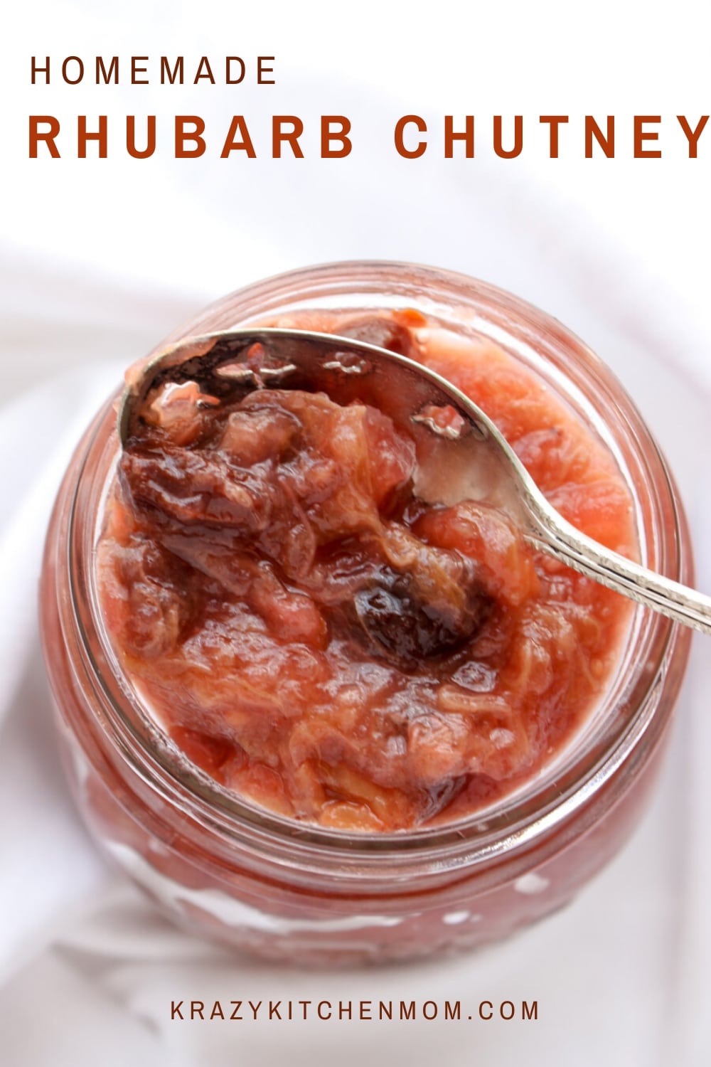 Sweet, tart and tangy Homemade Rhubarb Chutney is made from fresh or frozen rhubarb, dried fruit, savory spices, sugar, and vinegar. via @krazykitchenmom