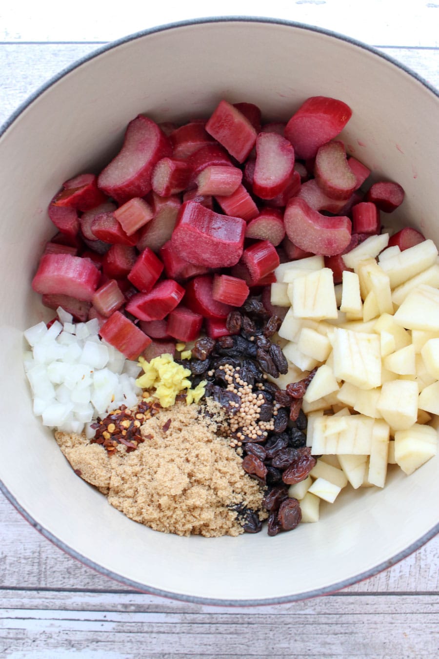 A large pot of the ingredients for rhubarb chutney