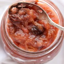 Looking down into a jar of rhubarb chutney