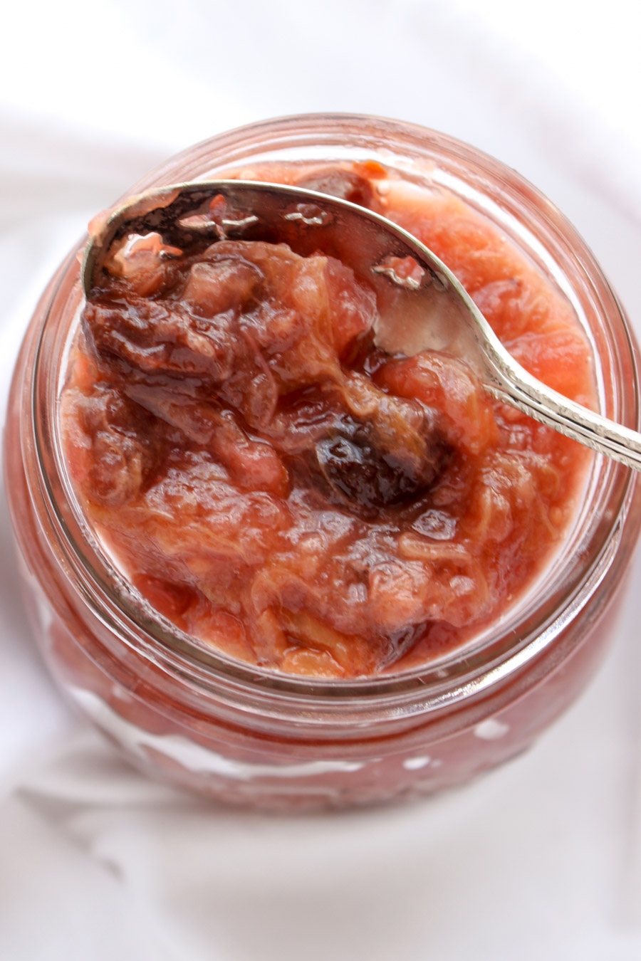 Looking down into a jar of rhubarb chutney