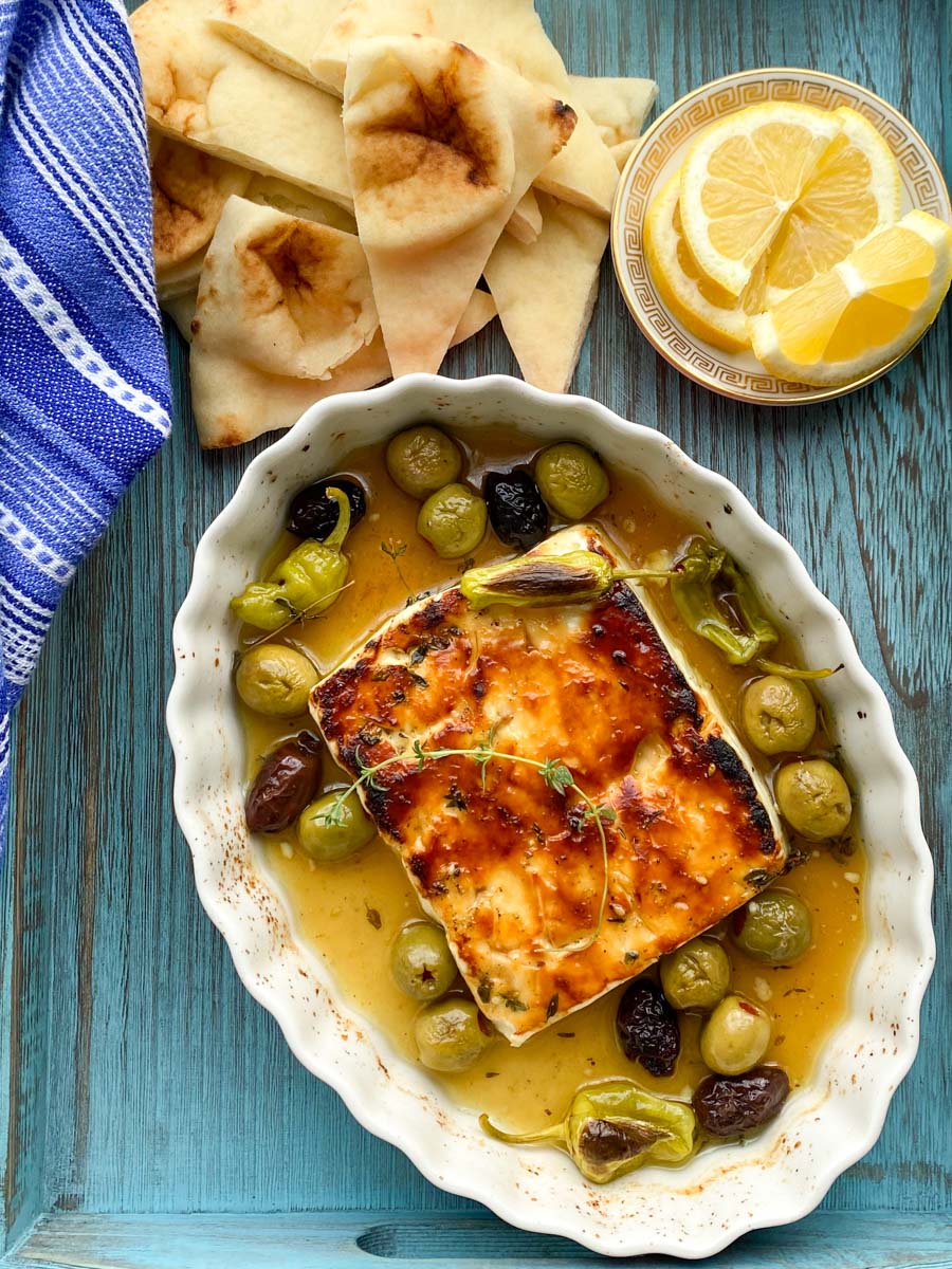 Dish of Baked Feta Cheese