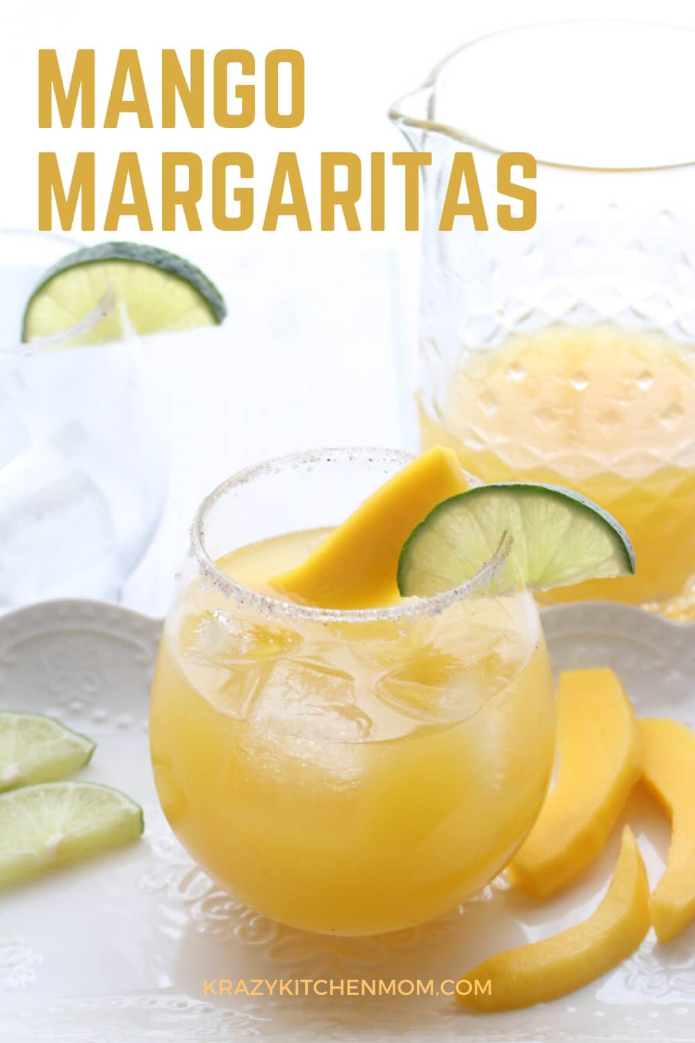 Simple Mango Margaritas are made with tequila, Cointreau, lime juice, and mango nectar. They are sweet, tangy, a  little bit spicy, and refreshing. via @krazykitchenmom