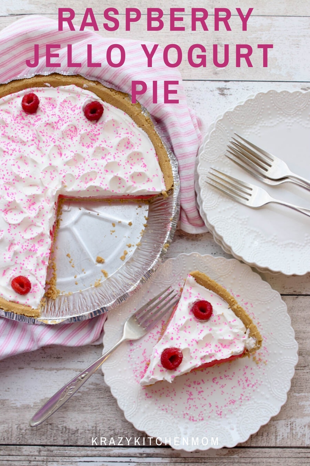 Raspberry Jello Yogurt Pie is the easiest pie you will ever make. Jello, water, and Greek yogurt are all you need to make the creamy smooth thick filling.  via @krazykitchenmom