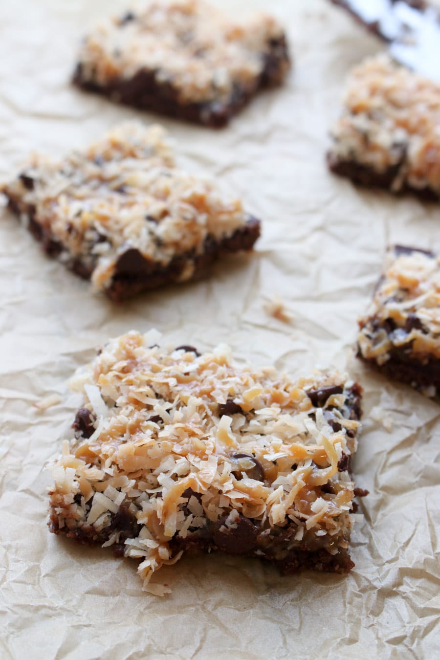 Caramel Coconut Samoa Brownies on parchment paper