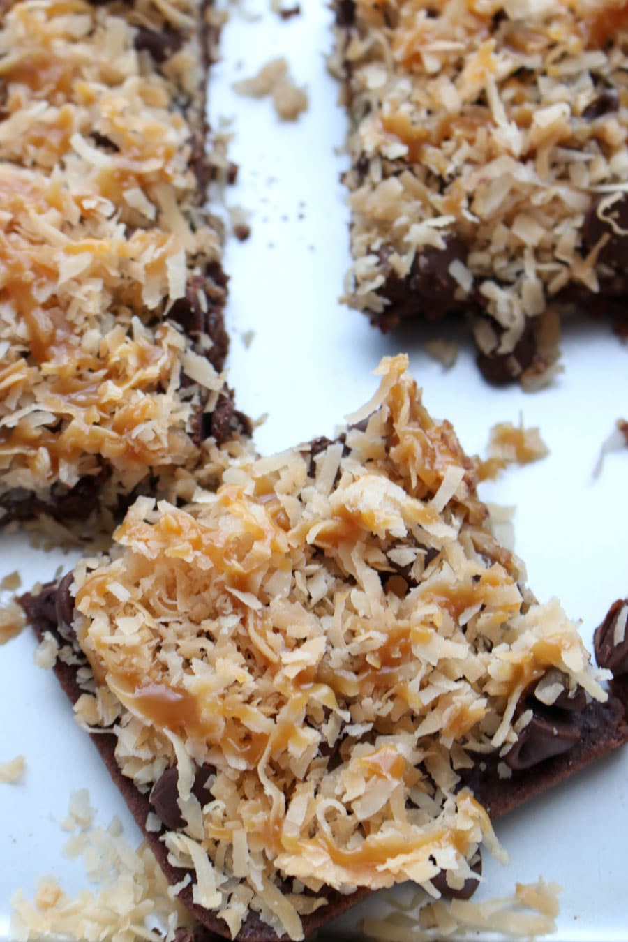 Close up shot of 1 Caramel Coconut Samoa Brownies