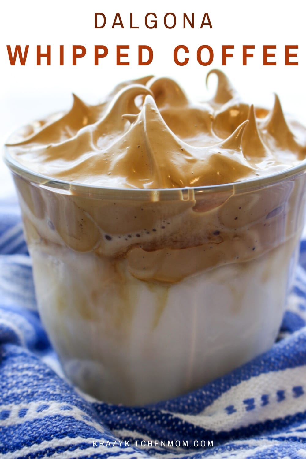 Whipped Coffee is also called Dalgona Coffee. It is made by whipping instant coffee, water, and sugar until it becomes smooth and creamy. Its served on top of warm or cold milk for a rich coffee drink.  via @krazykitchenmom