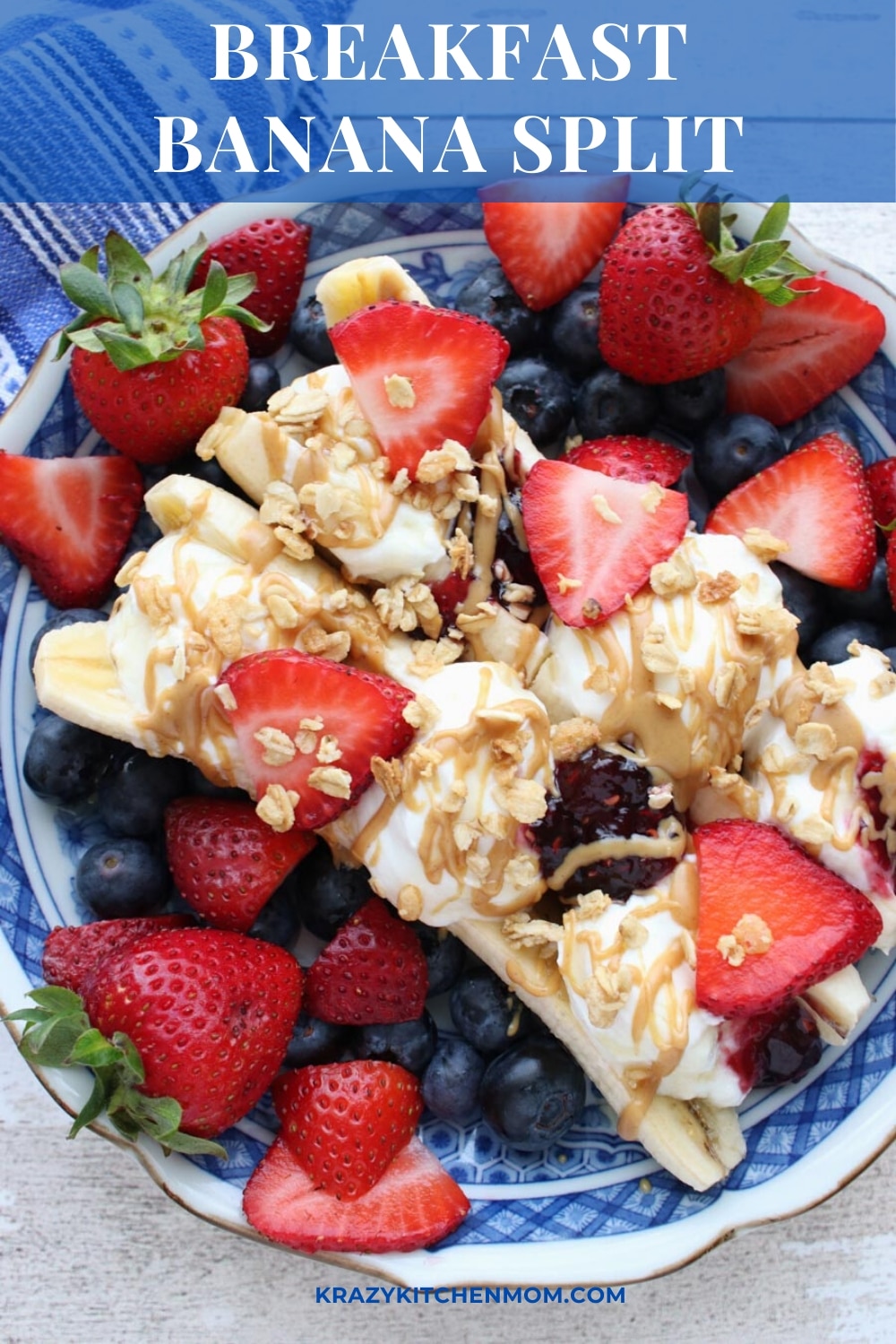 Banana Split Breakfast filled with Greek yogurt, topped with fruit and granola and drizzled with peanut butter, jam and honey.  via @krazykitchenmom