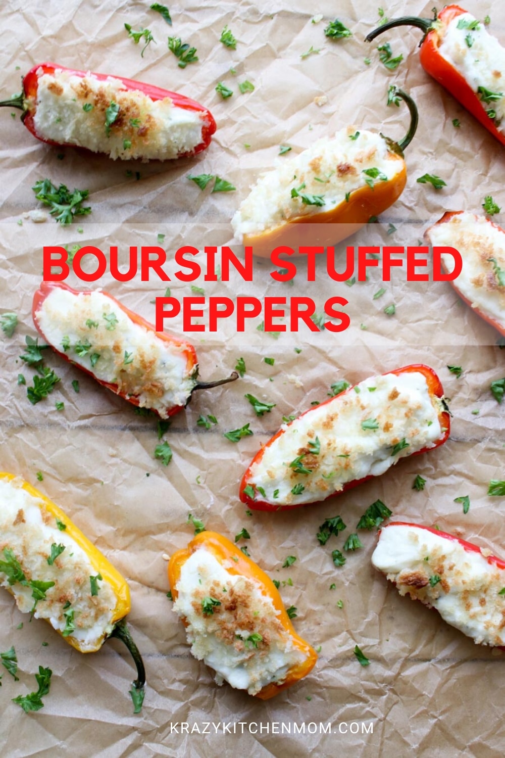 Boursin Stuffed Mini Peppers are made with miniature bell peppers, Boursin cheese, cream cheese, panko crumbs, butter, and fresh parsley. via @krazykitchenmom