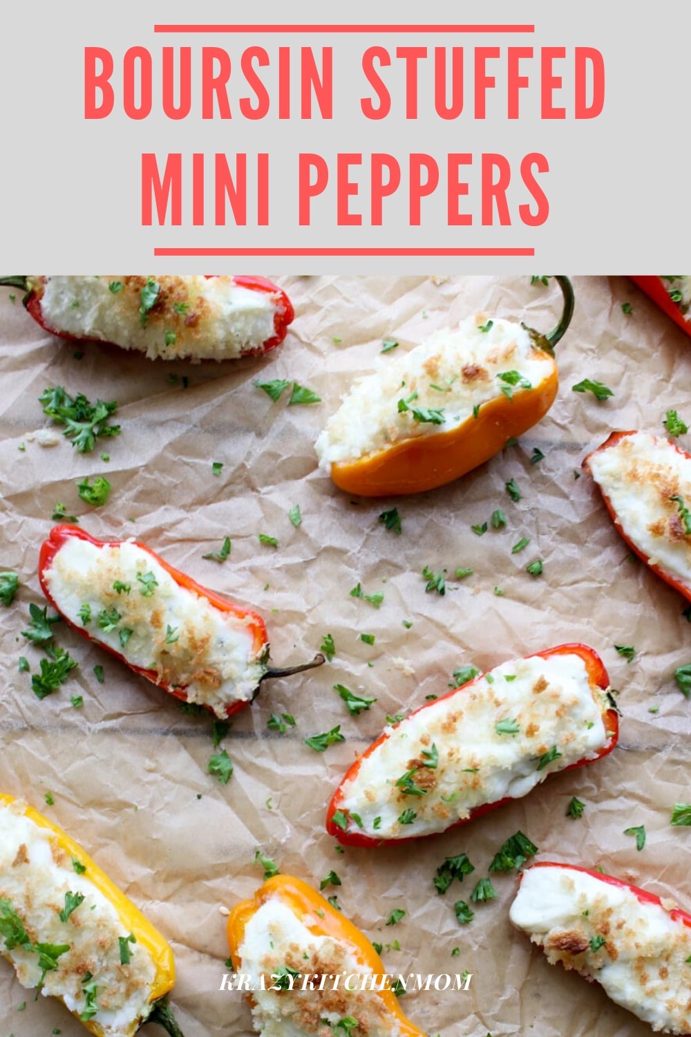 Boursin Stuffed Mini Peppers are made with miniature bell peppers, Boursin cheese, cream cheese, panko crumbs, butter, and fresh parsley. via @krazykitchenmom