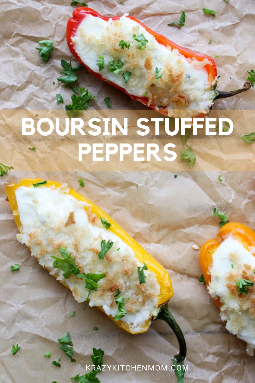 Boursin Stuffed Mini Peppers are made with miniature bell peppers, Boursin cheese, cream cheese, panko crumbs, butter, and fresh parsley. via @krazykitchenmom