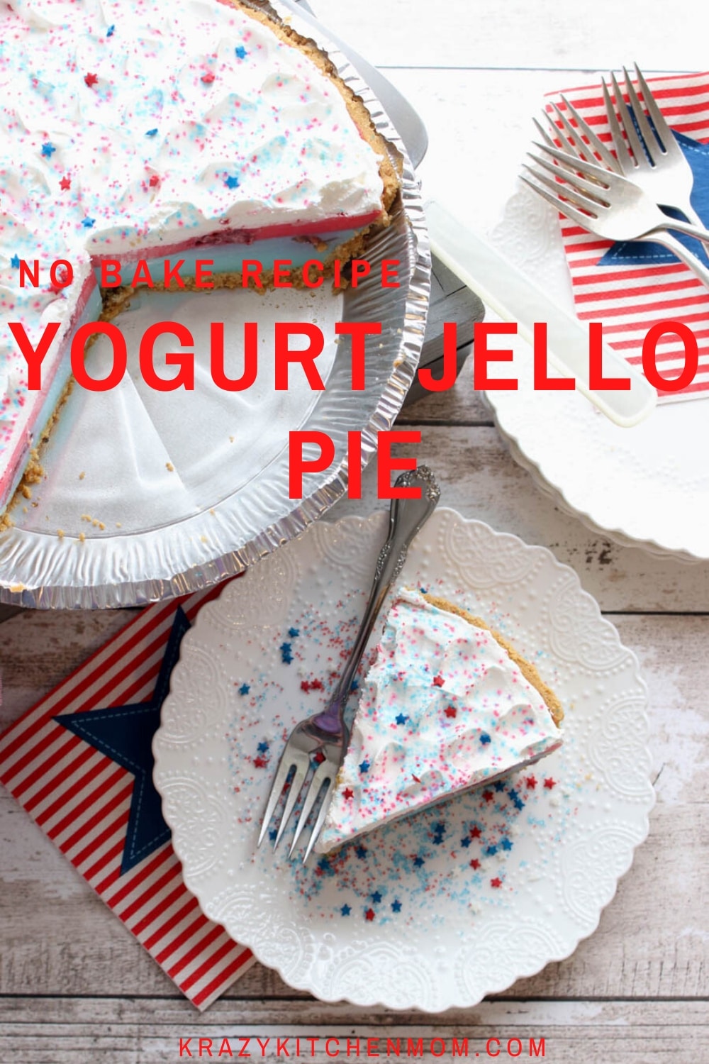 Creamy and cool Red White Blue Yogurt Jello Pie is an easy no-bake recipe that is perfect for July 4th or any summer day.  via @krazykitchenmom
