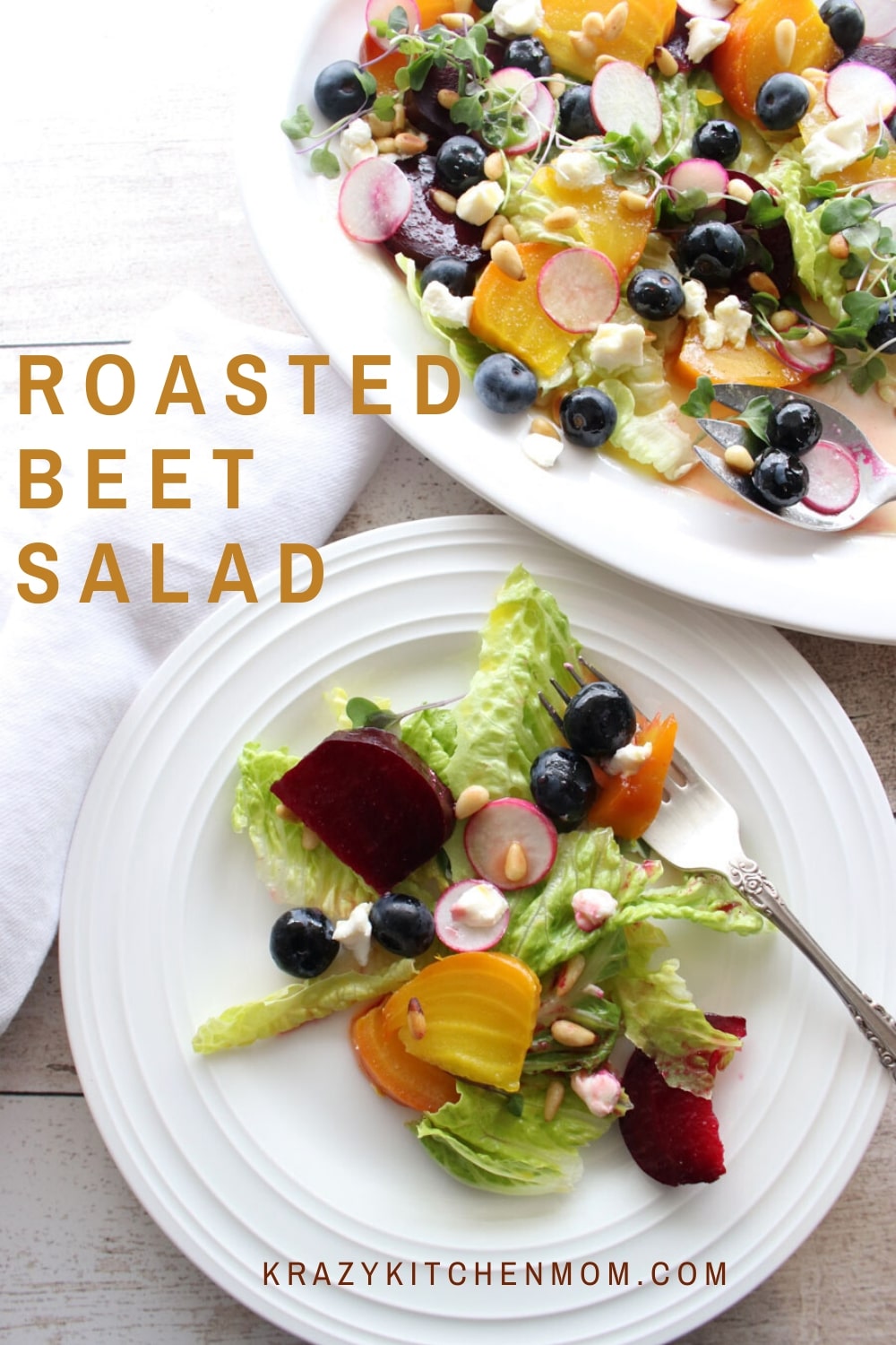 Roasted Beet Salad with Goat Cheese is a healthy and beautiful way to pick up your salad game. Toss it with a fresh bright vinaigrette for a winning taste sensation.  via @krazykitchenmom