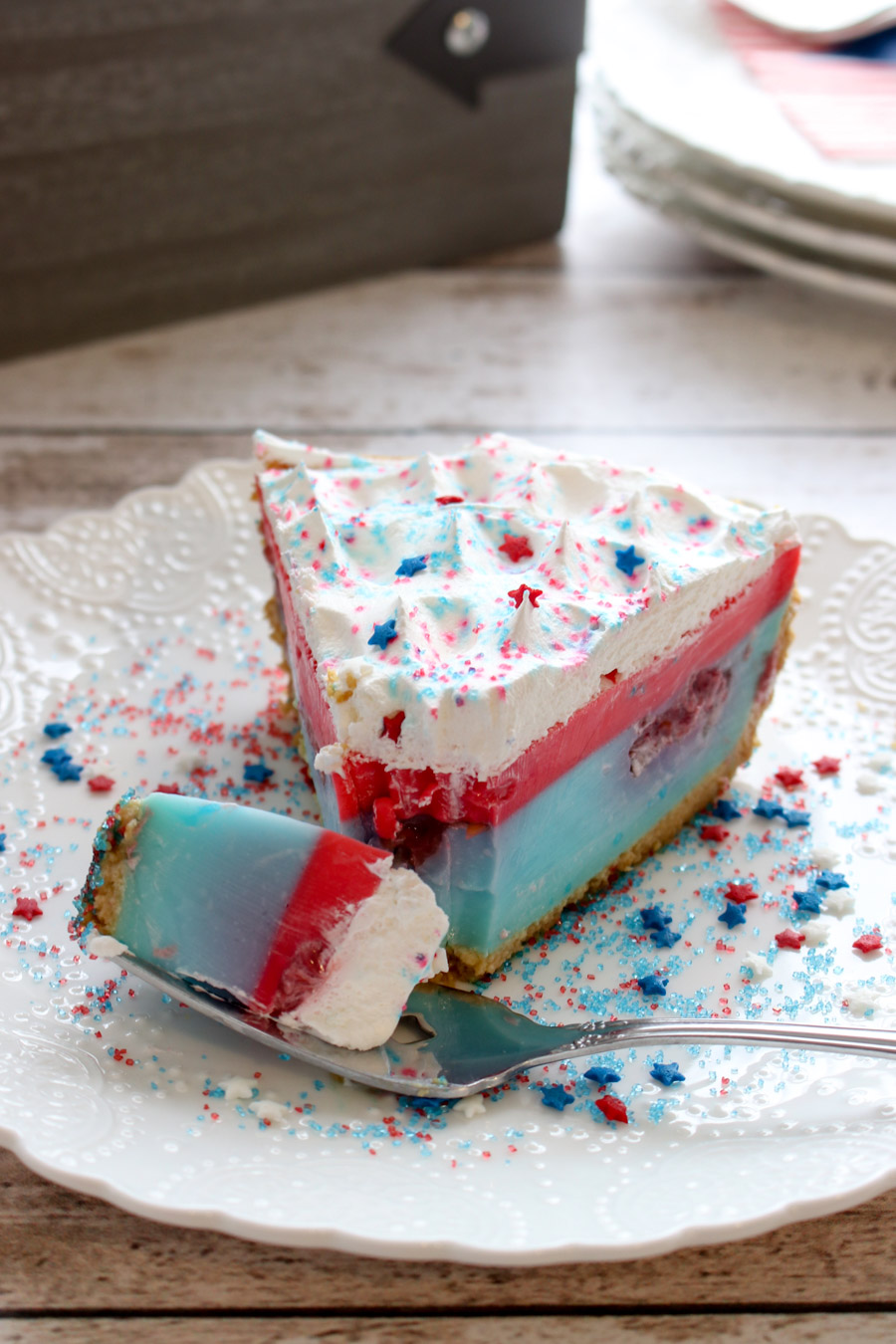 One slice and bite of no bake jello pie