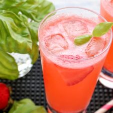 Overhead shot looking into a the strawberry gin and tonic cocktail