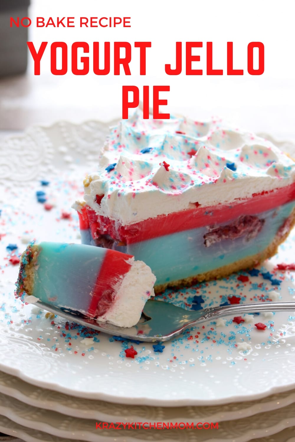 Creamy and cool Red White Blue Yogurt Jello Pie is an easy no-bake recipe that is perfect for July 4th or any summer day.  via @krazykitchenmom