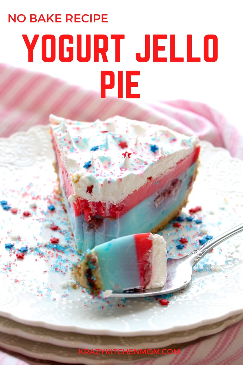 Creamy and cool Red White Blue Yogurt Jello Pie is an easy no-bake recipe that is perfect for July 4th or any summer day.  via @krazykitchenmom