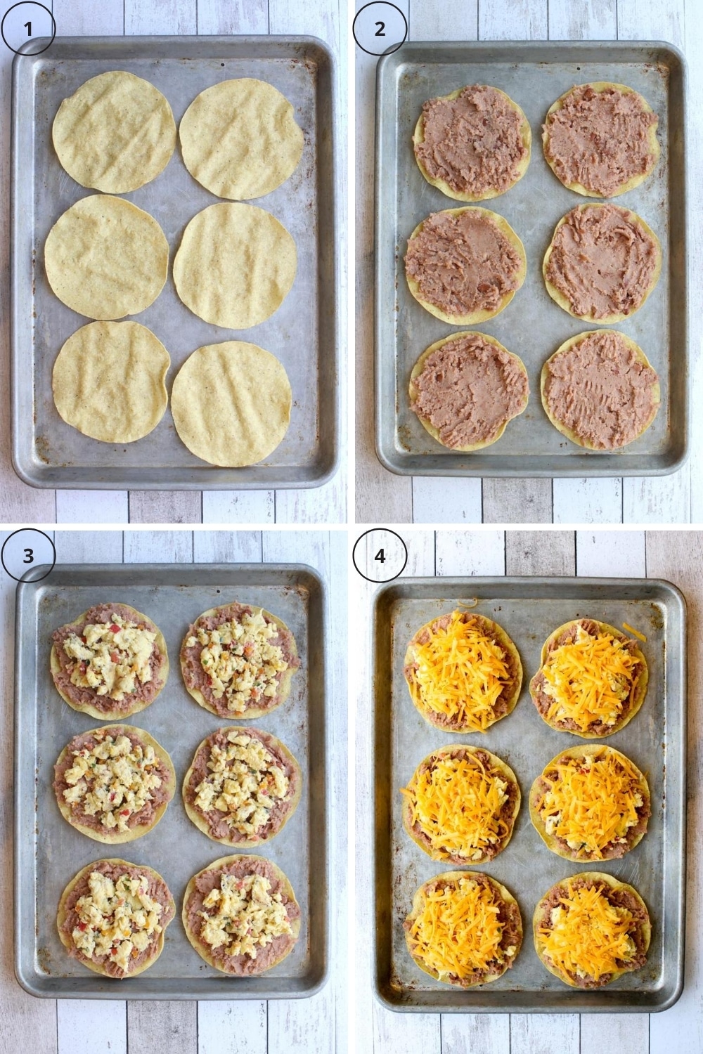 Photo of steps to assemble and bake breakfast tostadas