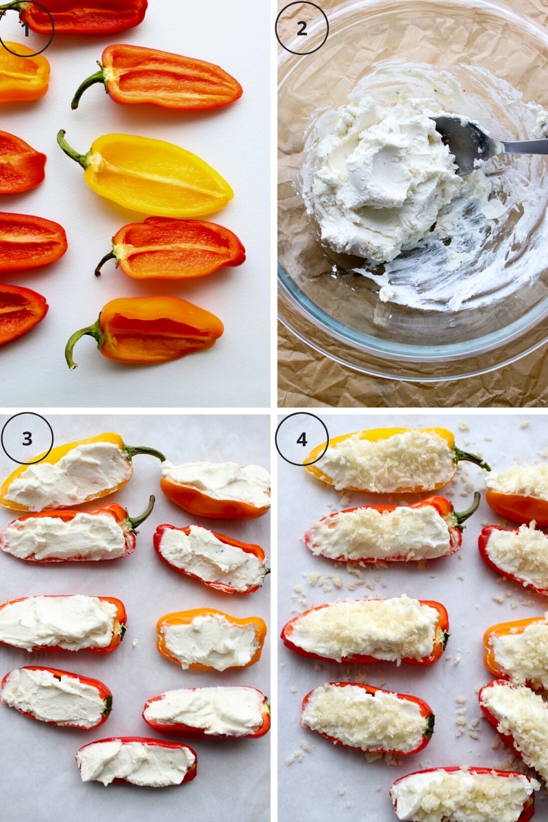 four photos of the steps to make the Boursin stuffed mini pepper recipe