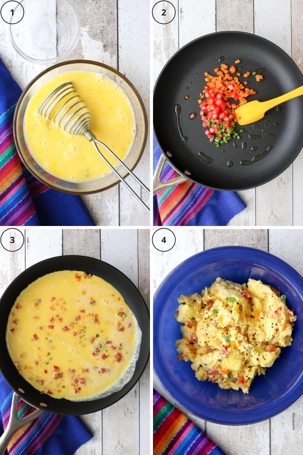 PHOTO SHOWING FOUR STEP TO MAKE SCRAMBLED EGGS