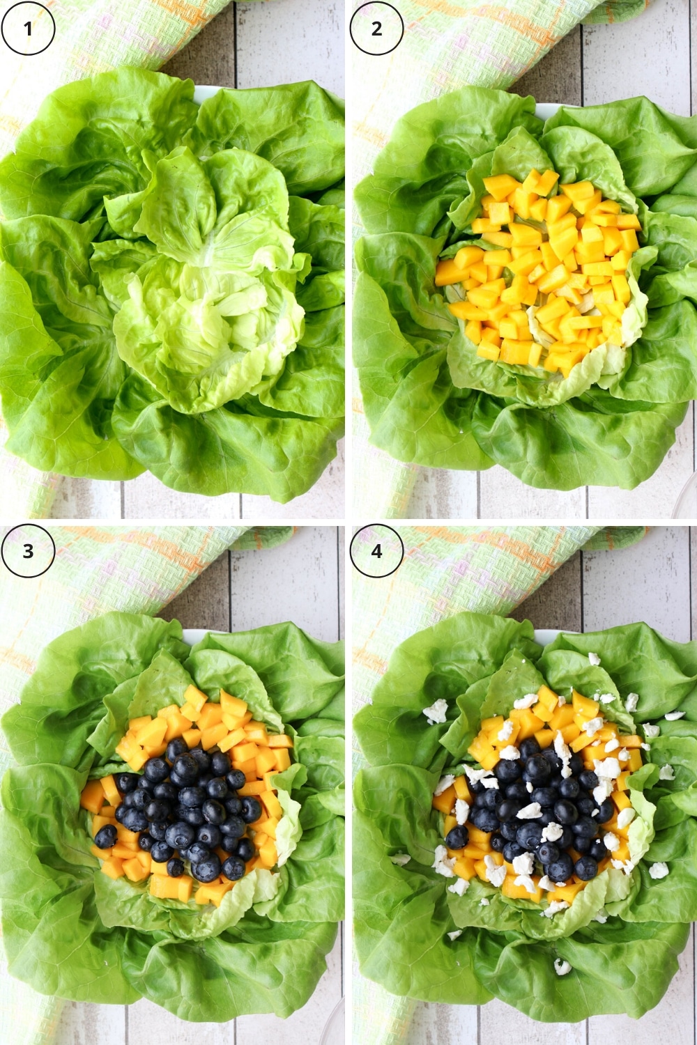 four photos showing how to make the salad