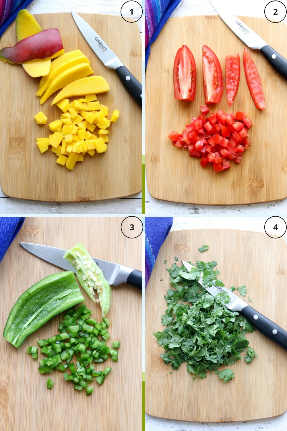 Four photos showing how to chop mangos, tomatoes, jalapeños, and cilantro