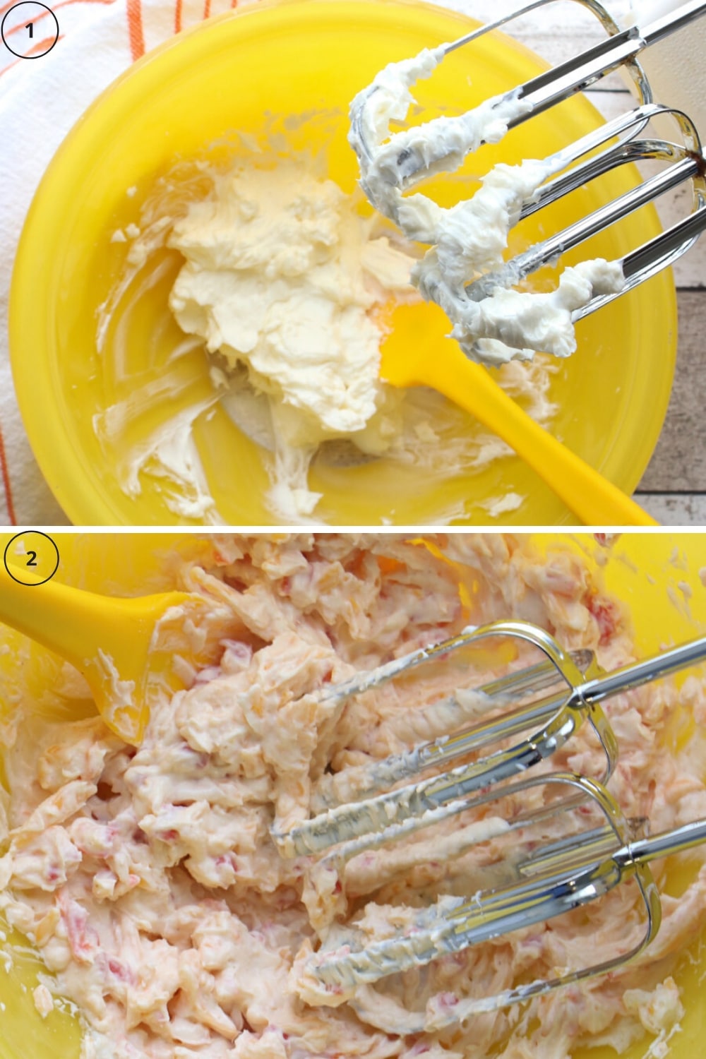 Two photos showing a mixing bowl and how to make pimento cheese 