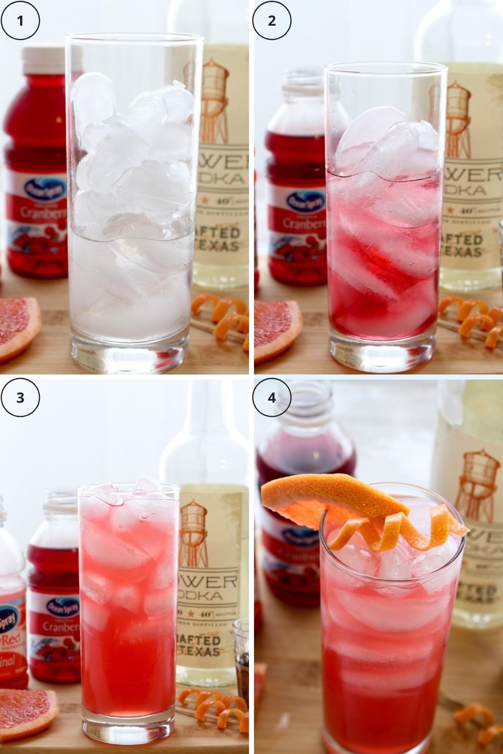 photo showing four steps to make a sea breeze cocktail 