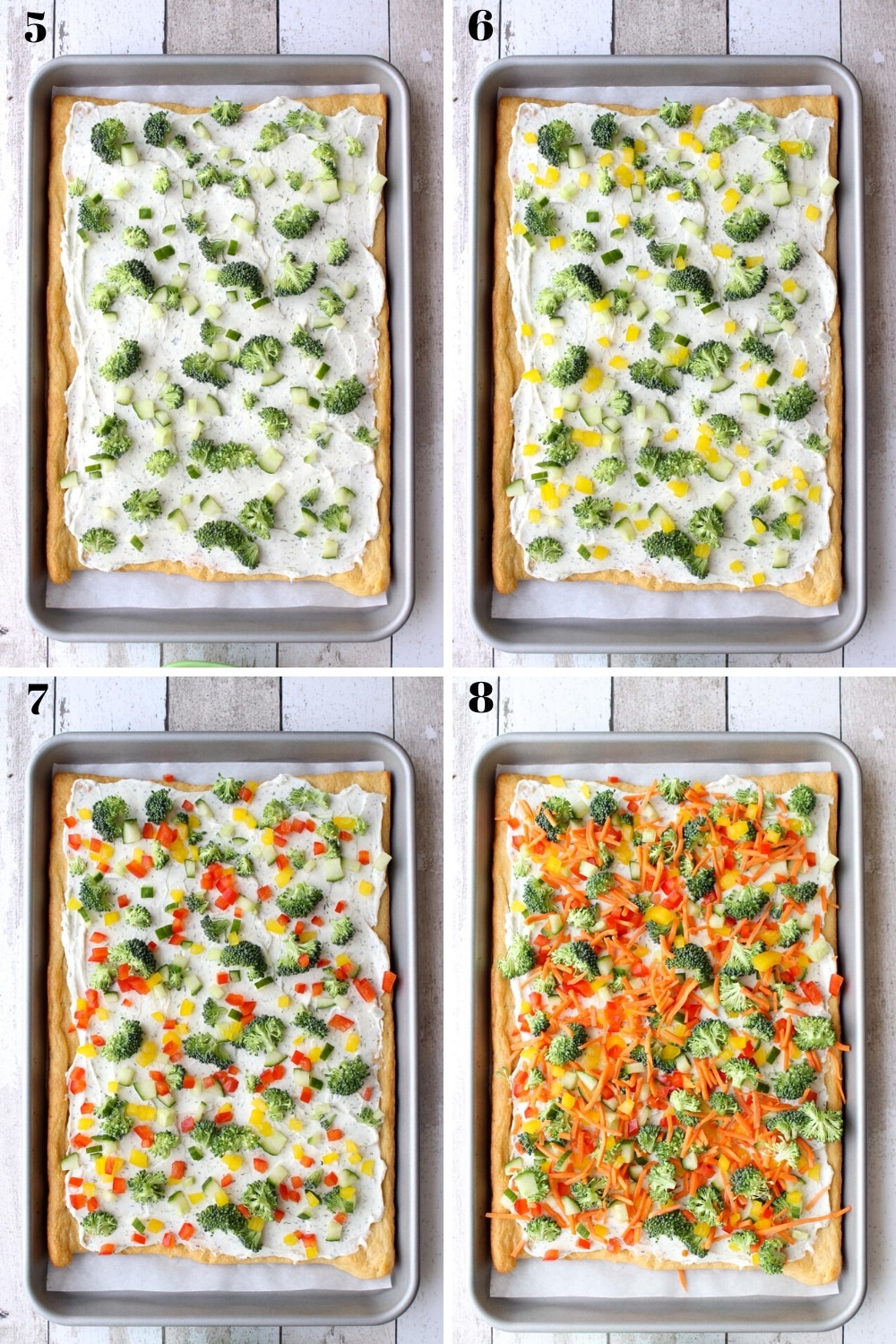 Visual showing steps 5-8 of making veggie pizza