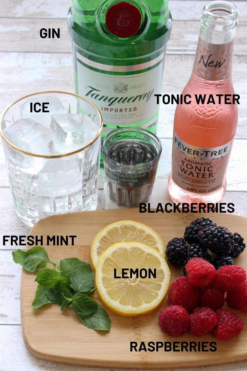 Photo of the ingredients  in the cocktail with labels