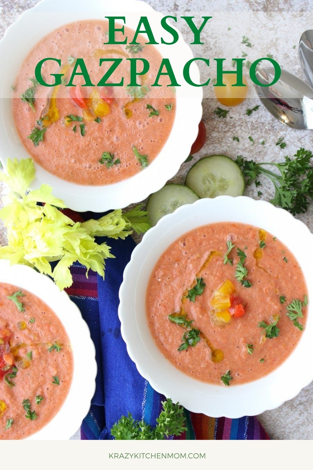 Ripe summer tomatoes are everywhere this time of the year. Grab your favorites and make my easy gazpacho recipes in minutes! It's fresh, cool, creamy, and simply a flavor explosion!  via @krazykitchenmom