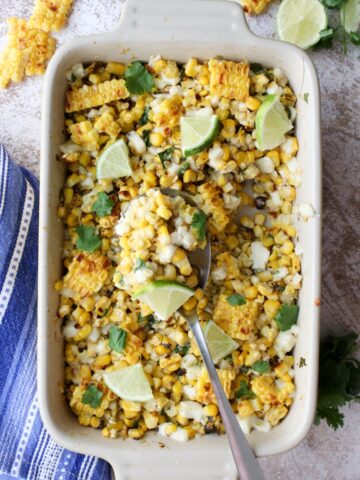 Mexican Street Corn Casserole in a casserole dish