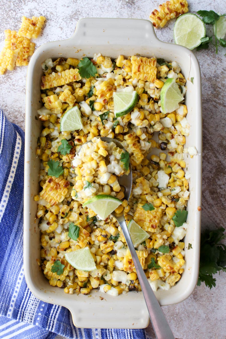 Mexican Street Corn Casserole in a casserole dish