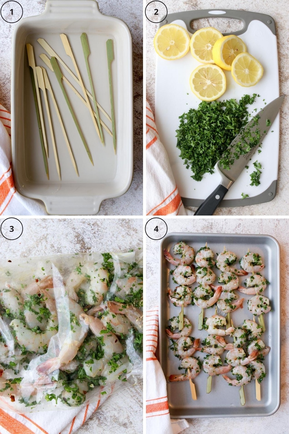 four photos showing how to make grilled shrimp skewers