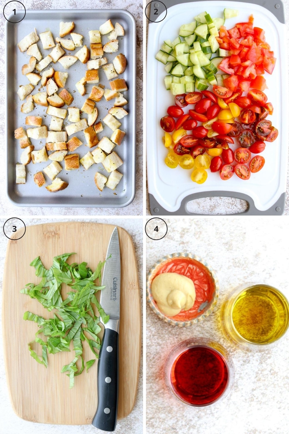 photo collage showing steps to make the bread salad