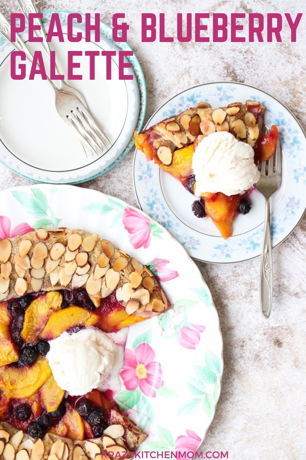 Making a pie is easier than you think. Especially if you make a rustic galette. I've filled this galette with fresh peaches and blueberries and covered the crust with crunchy sliced almonds. Homemade taste without any fuss. via @krazykitchenmom