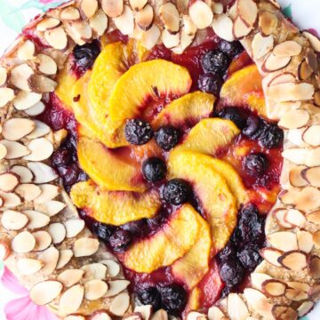 Close up of the baked peach and blueberry galette