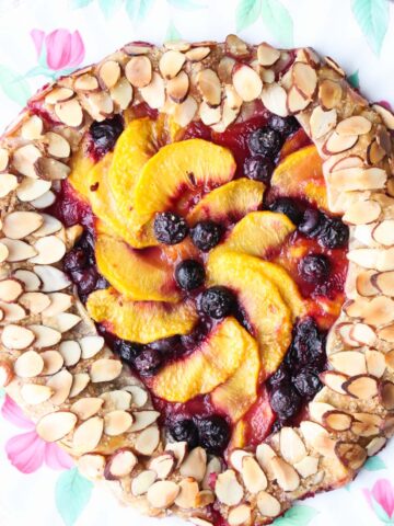 Close up of the baked peach and blueberry galette