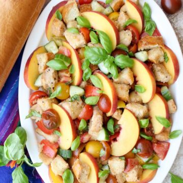 Panzanella Salad on a white platter