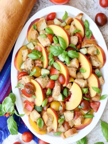 Panzanella Salad on a white platter