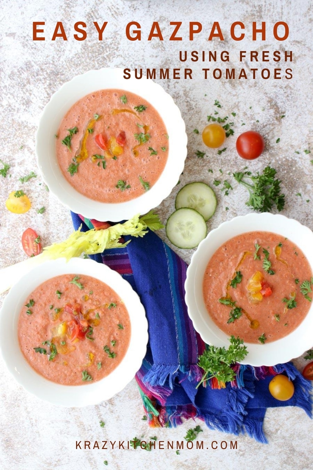 Ripe summer tomatoes are everywhere this time of the year. Grab your favorites and make my easy gazpacho recipes in minutes! It's fresh, cool, creamy, and simply a flavor explosion!  via @krazykitchenmom