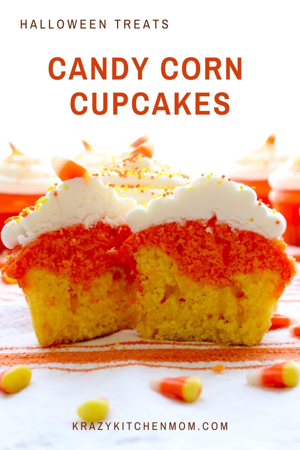 Candy Corn Cupcakes are a fun way to celebrate Halloween and Fall. Just one cake mix, two colors and cream cheese frosting and everyone loves them. via @krazykitchenmom