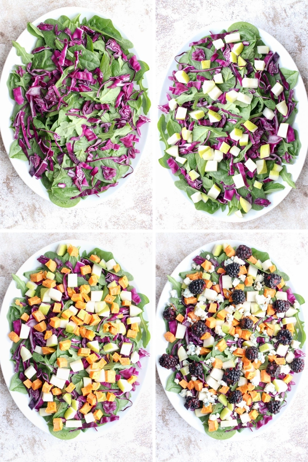 Photo showing four steps to assemble the harvest salad