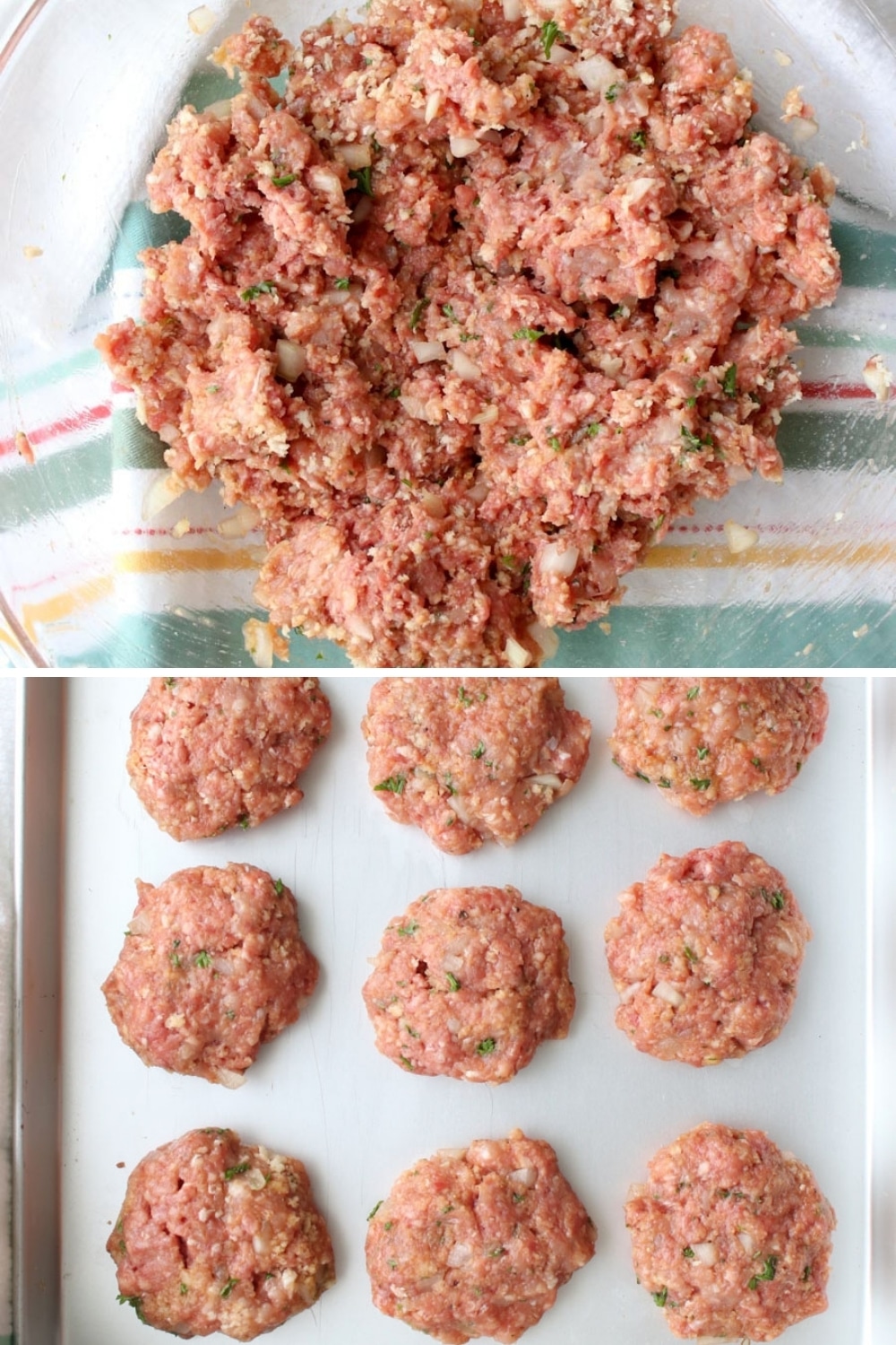 two photos showing meatloaf mix and formed sliders