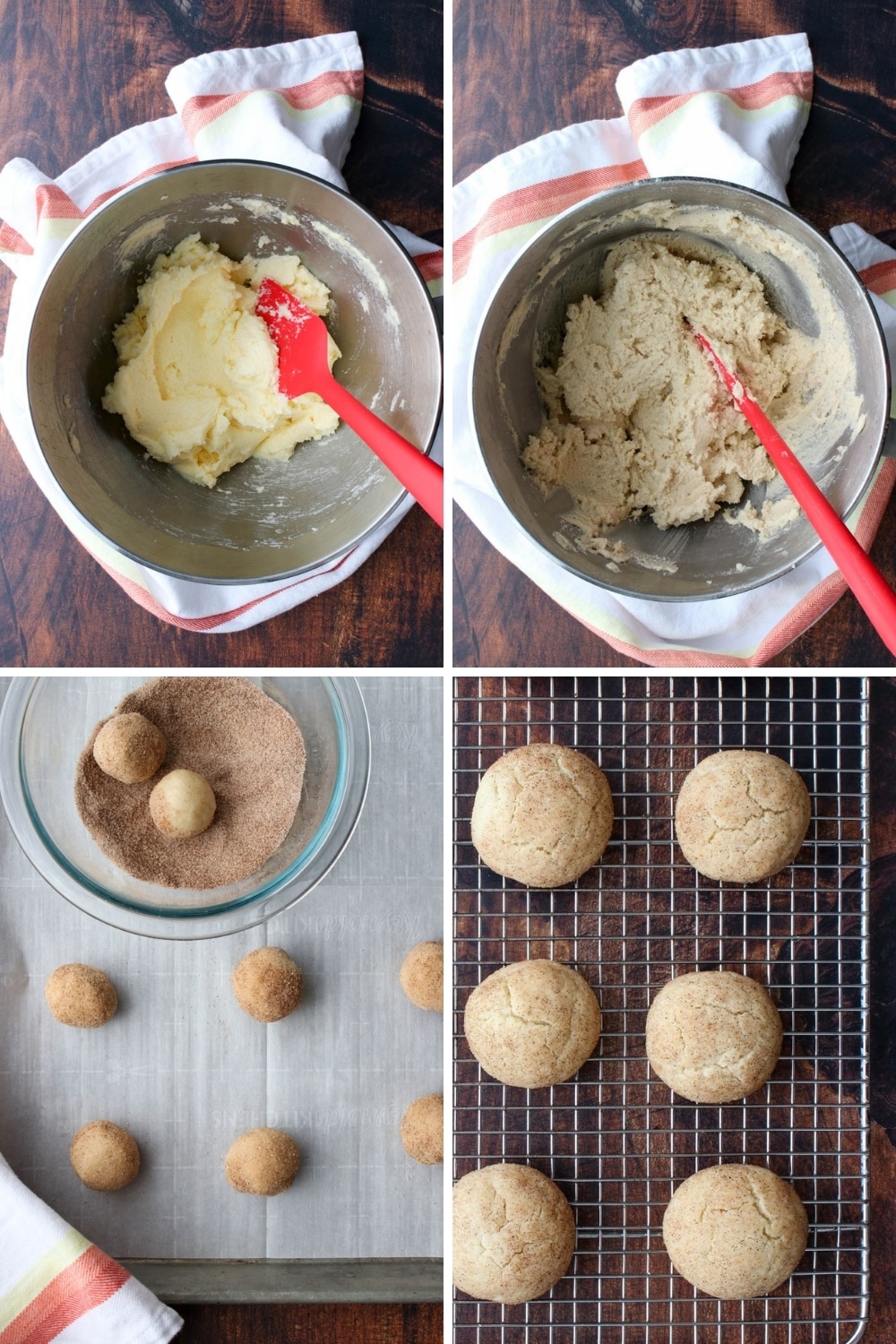 photo collage showing the steps to making snickerdoodle cookies