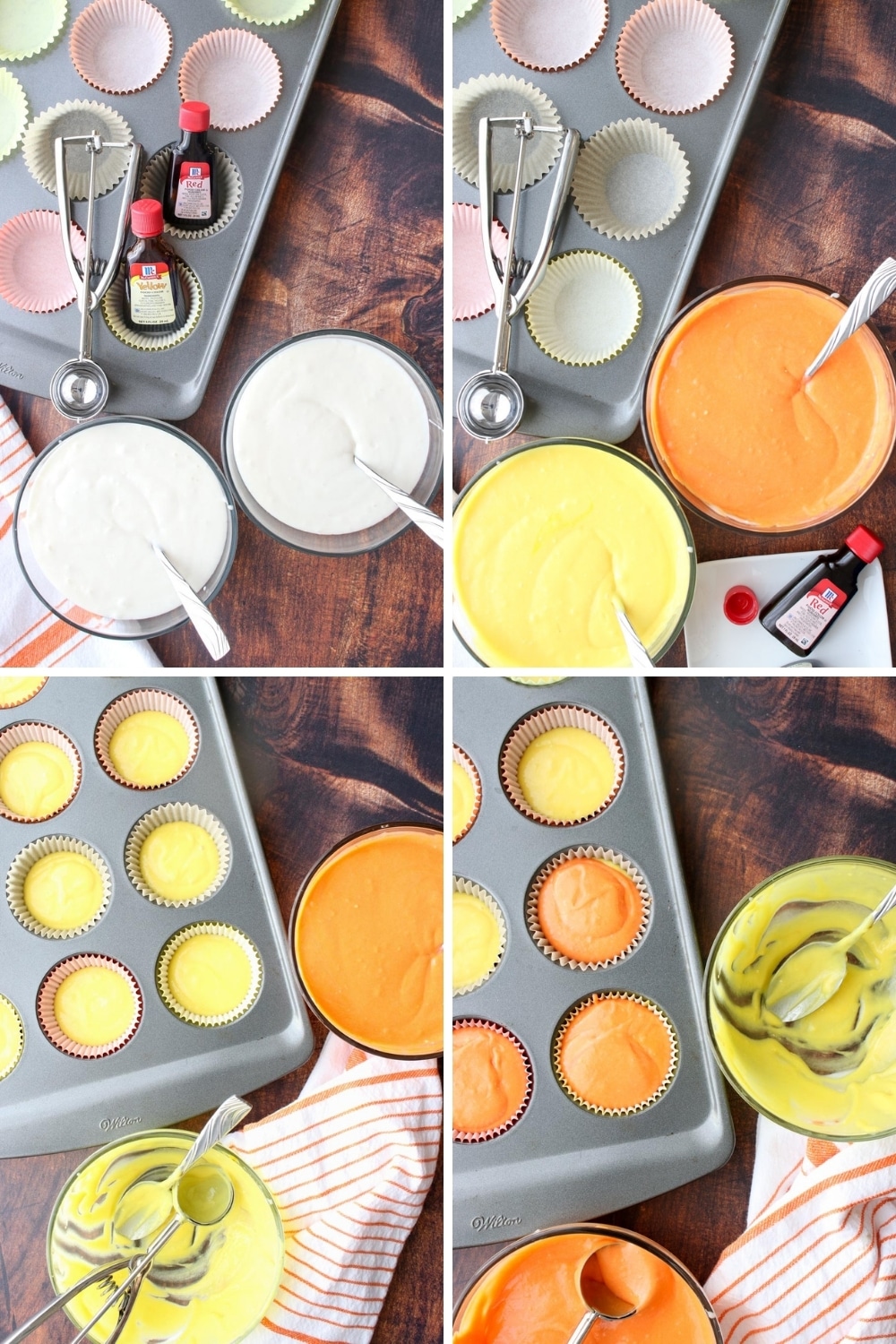 photo showing steps to make candy corn cupcakes