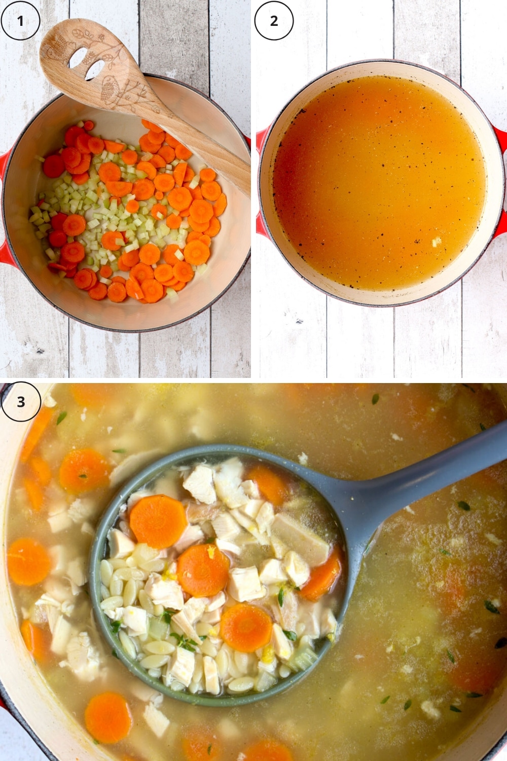 Photo collage showing the three main steps to make Greek lemon orzo soup